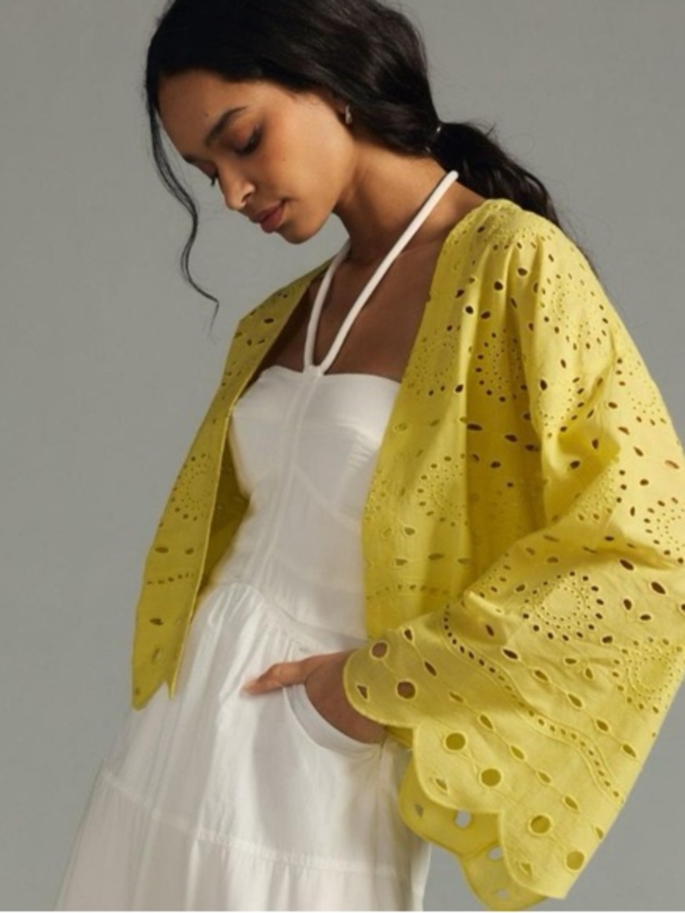 Anthropologie Yellow Eyelet Cropped Jacket